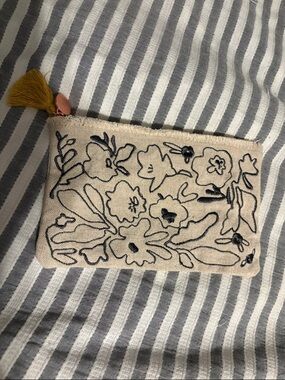 Fringe Studio Navy Embroidered Canvas Pouch with Golden Tassel